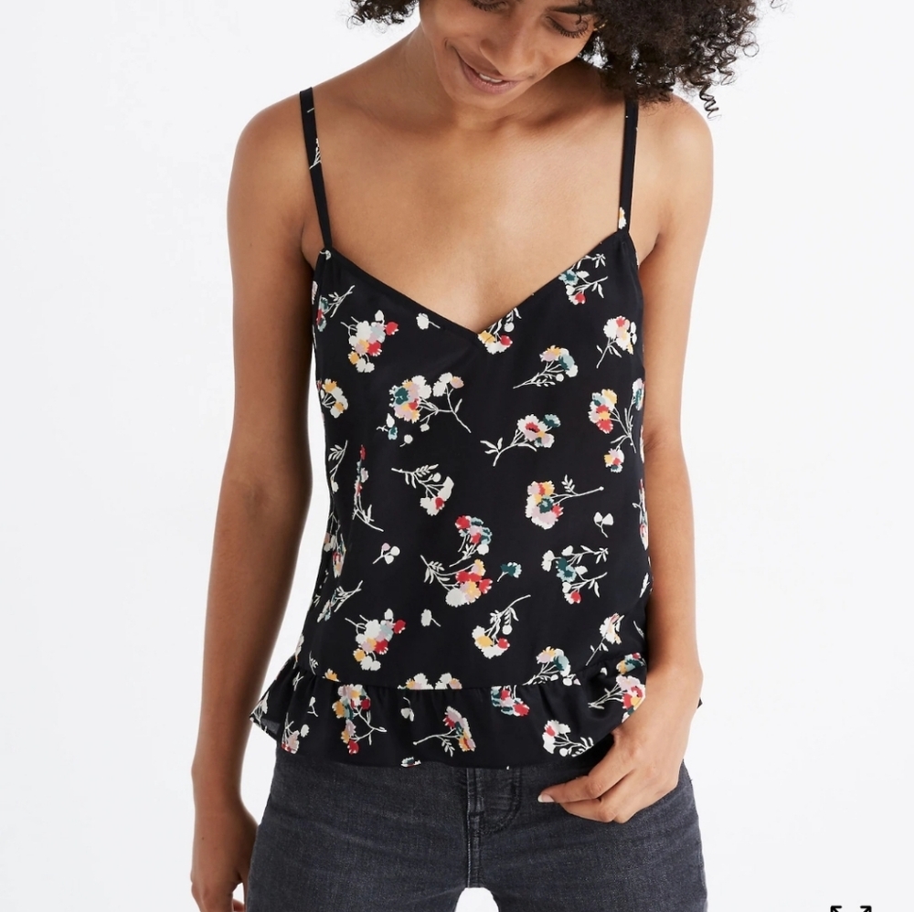 Madewell Silk Ruffle Hem Floral Black Camisole Top Carnation Toss Small